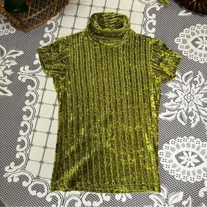 VINTAGE Betty Blue Green Crushed Velvet Ribbed Turtle Neck Top size medium